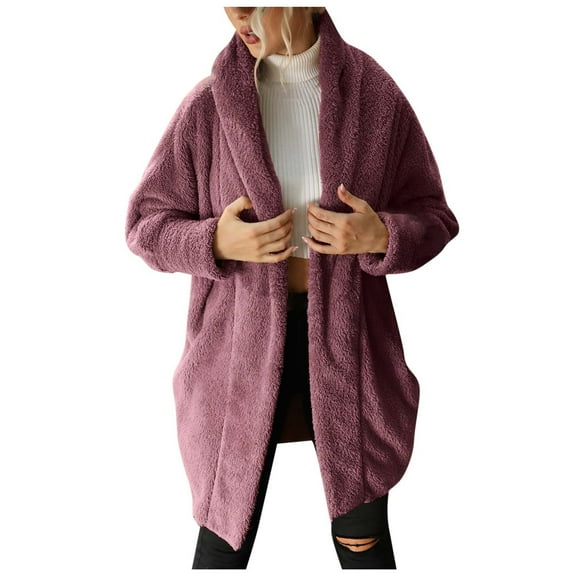 Virmaxy Women's Fuzzy Fleece Shawl Neck Open Front Long Cardigan Coat Faux Shearling Shaggy Jacket Cardigan Trendy Solid Color Long Sleeve Plush Plush Jacket Pink XS