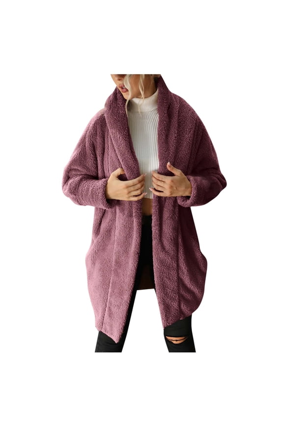 Women's Fuzzy Fleece Shawl Neck Open Front Long Cardigan Coat Faux Shearling Shaggy Jacket Cardigan Trendy Solid Color Long Sleeve Plush Plush Jacket Pink XS