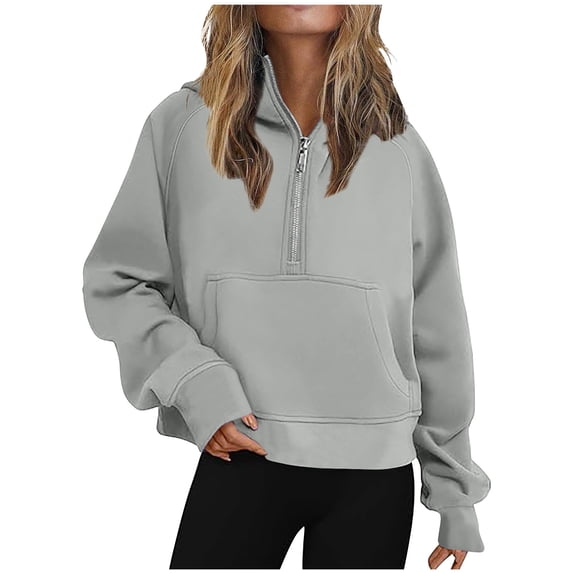 Virmaxy Women's Hooded Sweatshirt 1/4 Zip Short Solid Colour Japanese Sweater Fleece Long Sleeve Round Neck Jacket Gray L