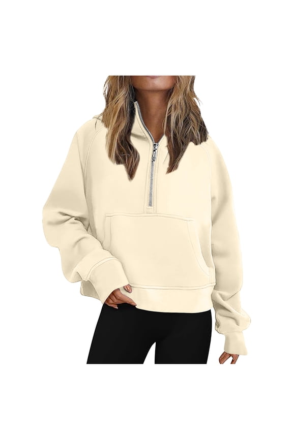 Women's Hooded Sweatshirt 1/4 Zip Short Solid Colour Japanese Sweater Fleece Long Sleeve Round Neck Jacket Yellow M