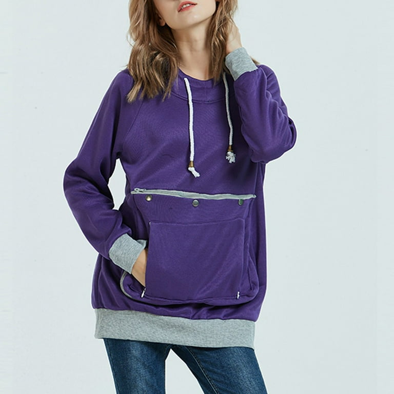 Virmaxy Women s Hooded Sweatshirt Long Sleeve Drawstring Solid Colour Tops Kangaroo Pockets Crew Neck Hoodie Purple L Walmart