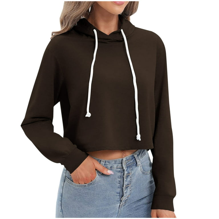 Virmaxy Women s Hooded Sweatshirt Short Exposed Belly Button Top Solid Colour Drawstring Long Sleeve Round Neck Sweatshirt Fashion Casual Pullover Top