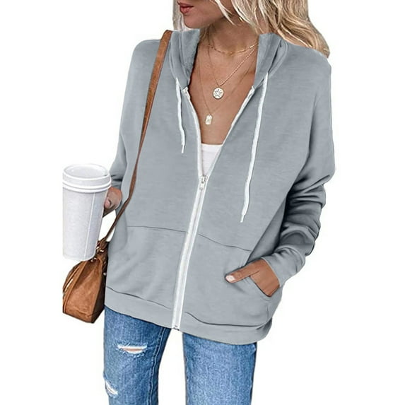 Virmaxy Women's Hooded Sweatshirt Solid Color Fleece Sweater Slim Zipper Drawstring Japanese Sweatshirt Long Sleeve Jacket with Pockets Gray S