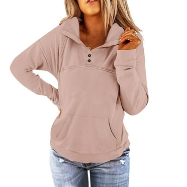 Virmaxy Women's Hoodless Sweatshirt V-Neck Zip CVC Racking Sports Shirt Solid Colour Long Sleeve Pullover Loose Fit Top Pink M