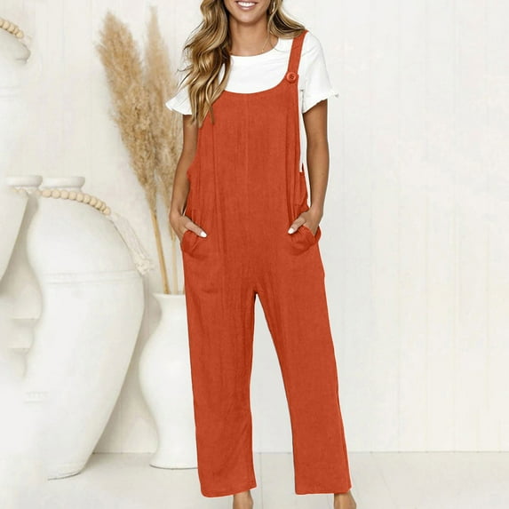 Virmaxy Women's Jumpsuits, Rompers & OverallsSummer Cotton & Linen Solid Overalls Shorts Sleeveless Spaghetti Straps Baggy Overalls with Pockets Orange XL