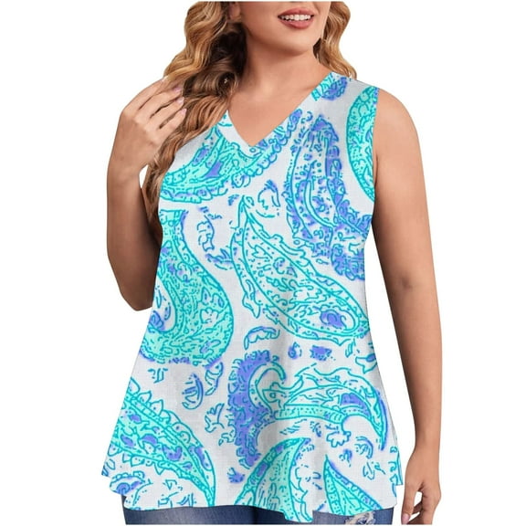 Virmaxy Women's Large Size Tank Top Trendy Printed Sleeveless Blouse Loose Fit Round Neck Vest Going Out Spring Beach Vacation Oufits Modern Clothes Blue-3 XXXL