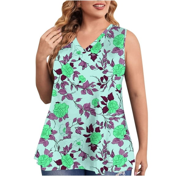Virmaxy Women's Large Size Tank Top Trendy Printed Sleeveless Blouse Loose Fit Round Neck Vest Going Out Spring Beach Vacation Oufits Modern Clothes Green-6 L