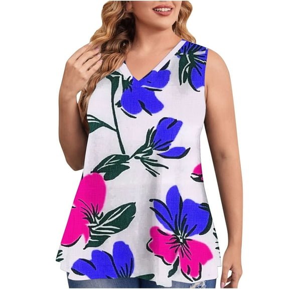 Virmaxy Women's Large Size Tank Top Trendy Printed Sleeveless Blouse Loose Fit Round Neck Vest Going Out Spring Beach Vacation Oufits Modern Clothes Purple-1 XL