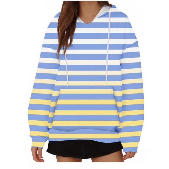 Virmaxy Women's Long Sleeve Striped Hoodies Gradient Drawstring Pullover Sweatshirt with Kangaroo Pocket Trendy Casual Colorblock Sweatshirt Light Blue-3 XXXXXL