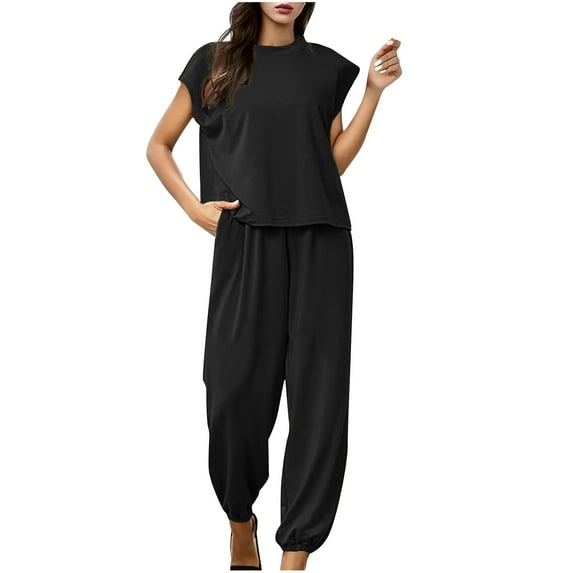 Virmaxy Women's Loose Pajamas Two Piece Set Solid Color Short Sleeve Top Sweatpants Set Casual Lounge Suit 2 Piece Outfits Crew Pullover Tops Yoga Pants with Pockets Sets Black L
