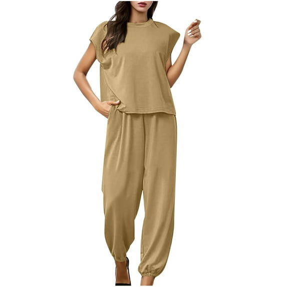 Virmaxy Women's Loose Pajamas Two Piece Set Solid Color Short Sleeve Top Sweatpants Set Casual Lounge Suit 2 Piece Outfits Crew Pullover Tops Yoga Pants with Pockets Sets Khaki XS