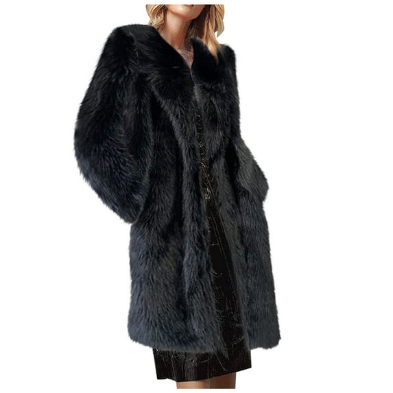 Virmaxy Women's Mid-Length Fuzzy Fleece Open Front Cardigan Coat Faux Shearling Shaggy Shacket Long Sleeve Solid Color Lapel Collar Jacket Trendy Casual Fall Winter Plush Cardigan Black XL