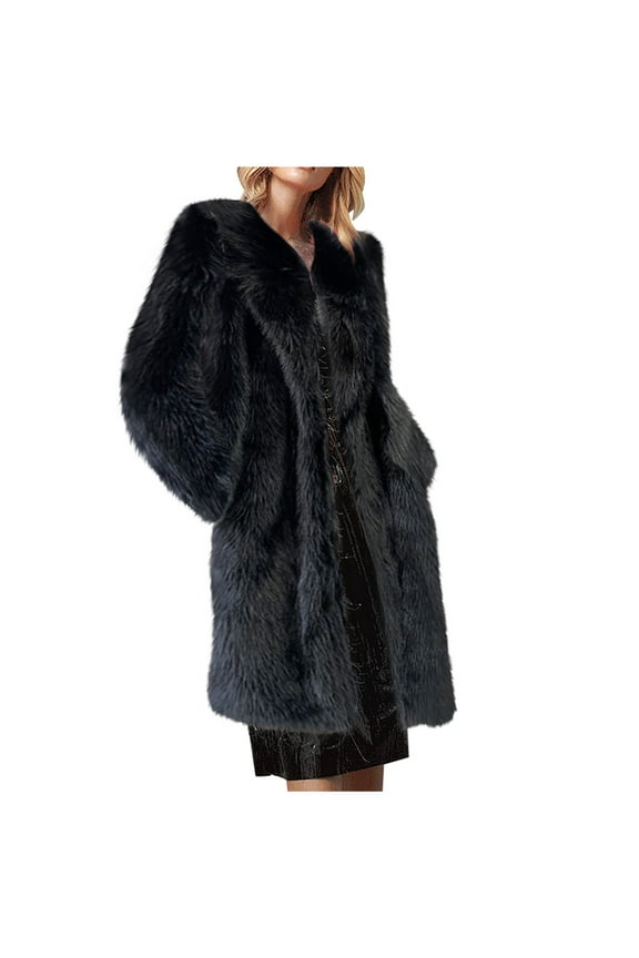 Women's Mid-Length Fuzzy Fleece Open Front Cardigan Coat Faux Shearling Shaggy Shacket Long Sleeve Solid Color Lapel Collar Jacket Trendy Casual Fall Winter Plush Cardigan Black 2XL