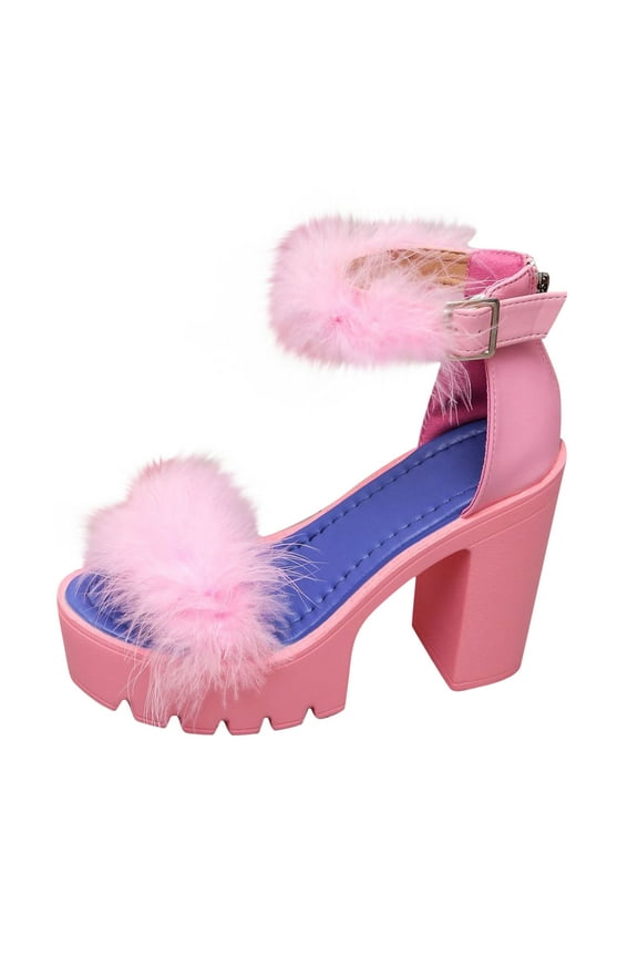 Women's Platform Block Heeled Fish Billed Sandals Fashion Furry Feather Ankle Strap High Heels Stylish Party Prom Sandals Pink 35
