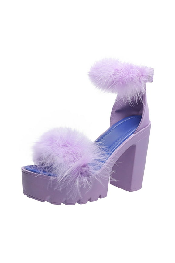 Women's Platform Block Heeled Fish Billed Sandals Fashion Furry Feather Ankle Strap High Heels Stylish Party Prom Sandals Purple 35