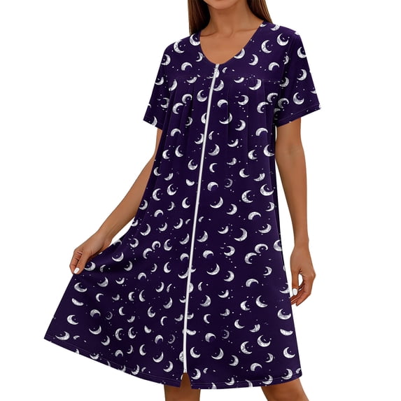 Virmaxy Women's Printed Short Sleeve Crew Neck Zippered Nightgown Soft Casual Knee Length Sleepdress for Sleep and Home Relaxed Wear