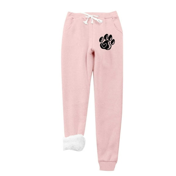 Virmaxy Women's Sherpa Lined Sweatpants Valentine's Day Love Cat's Paw Graphic Thick Fleece Joggers Pants Winter Lounge Yoga Workout Running Pants with Pocket Gift for Girlfriend Pink-A XL
