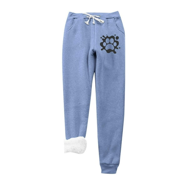 Virmaxy Women's Sherpa Lined Sweatpants Valentine's Day Love Cat's Paw Graphic Thick Fleece Joggers Pants Winter Lounge Yoga Workout Running Pants with Pocket Gift for Girlfriend Blue-B XS