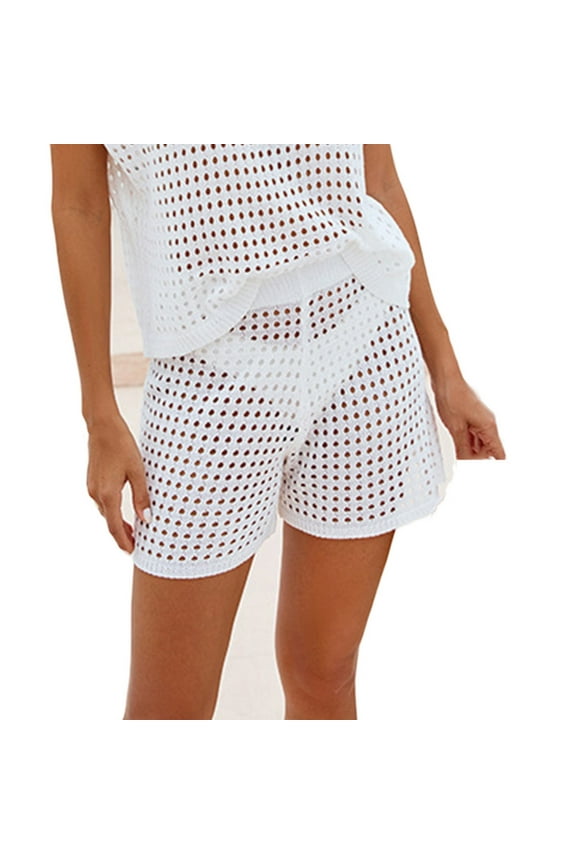 Women's Solid Color Alluring Cover-Up Shorts Knit Bikini Swimsuit Hollow Out Beach Shorts Solid Color Alluring V-Neck Knitted Bikini Swimsuit Cover-Up Hollow Beach Suit White L