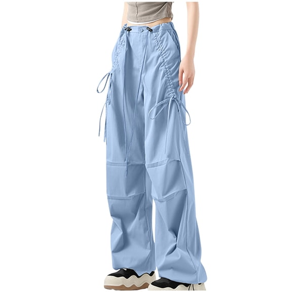 Virmaxy Women's Solid Color Cargo Pants Comfortable Wide Leg Utility Pants with Pockets Durable Straight Leg Trousers for Work and Weekend Blue-1 XL