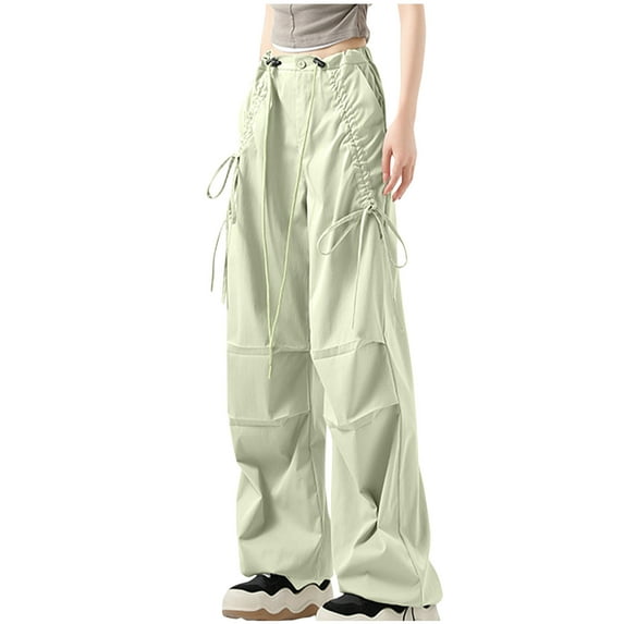 Virmaxy Women's Solid Color Cargo Pants Comfortable Wide Leg Utility Pants with Pockets Durable Straight Leg Trousers for Work and Weekend Green-1 S