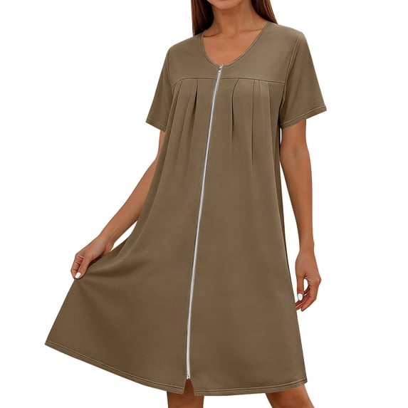 Virmaxy Women's Solid Color Short Sleeve Nightgown with Zipper Soft Casual Knee Length Round Neck Sleep Dress for Sleep and Home Relaxed Wear