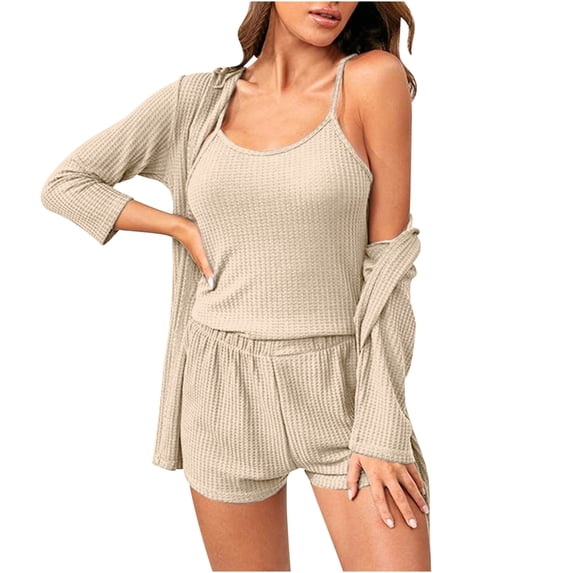 Virmaxy Women's Spring Waffle Pajamas 3 Piece Set Summer Solid Sling Vest Long Sleeve Cardigan Shorts Set Casual Nightwear Loungewear Suit 3 Piece Outfits Beige L