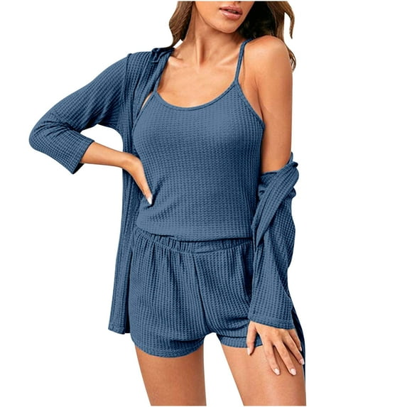 Virmaxy Women's Spring Waffle Pajamas 3 Piece Set Summer Solid Sling Vest Long Sleeve Cardigan Shorts Set Casual Nightwear Loungewear Suit 3 Piece Outfits Blue M