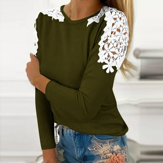 Virmaxy Women's Summer Casual Long Sleeve Tops Round Neck Solid Color Lace Tops Shirts Long Sleeve Round Neck Tops/Shirts Olive Green M