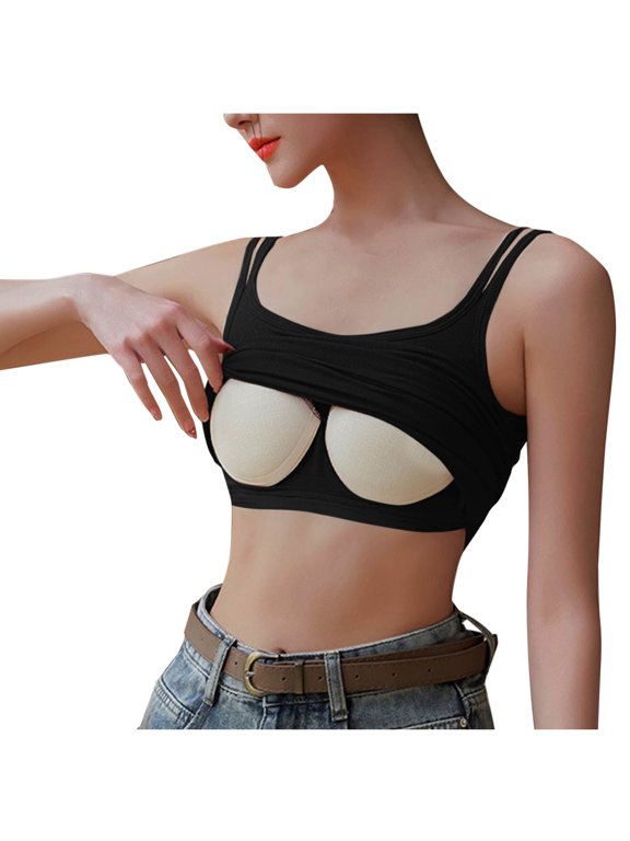 Women's Trendy Camisole Casual Solid Color U Neck Tank Top with Chest Pad Trendy Sleeveless Basic Tee Loose Fit 2025 Modern Black-1 L