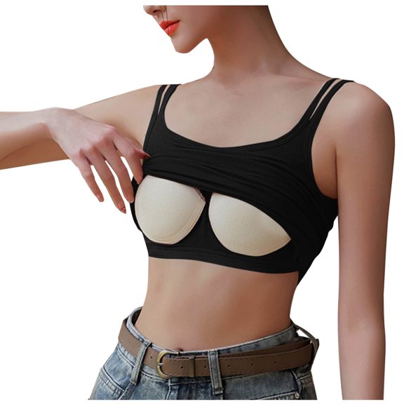 Virmaxy Women's Trendy Camisole Casual Solid Color U Neck Tank Top with Chest Pad Trendy Sleeveless Basic Tee Loose Fit 2025 Modern Black-1 S