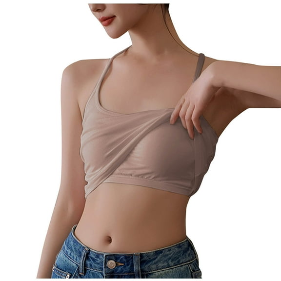 Virmaxy Women's Trendy Camisole Casual Solid Color U Neck Tank Top with Chest Pad Trendy Sleeveless Basic Tee Loose Fit 2025 Modern Khaki-3 S