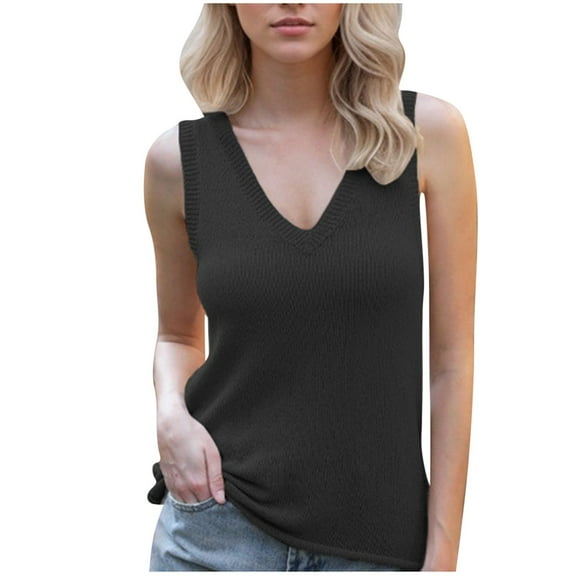 Virmaxy Women's Trendy Leisure new knitted sleeveless V-neck solid color backless knit strappy small undershirt tops Summer Sleeveless Scoop Neck Ribbed Workout Tank Tops Black L