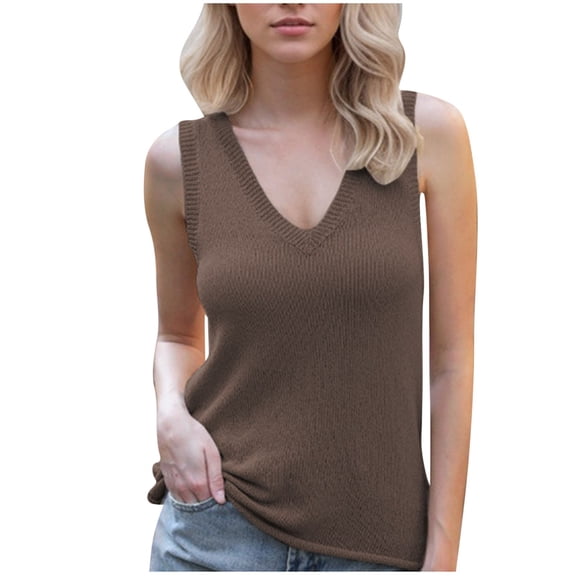 Virmaxy Women's Trendy Leisure new knitted sleeveless V-neck solid color backless knit strappy small undershirt tops Summer Sleeveless Scoop Neck Ribbed Workout Tank Tops Coffee M