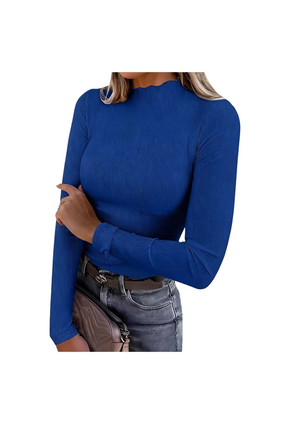 Women's Turtleneck Knit Fitted Shirts Long Sleeve Ribbed Lettuce Trim Mock Neck Slim Fit Tops Soft Base Layer for Office and Daily Wear, Dark Blue