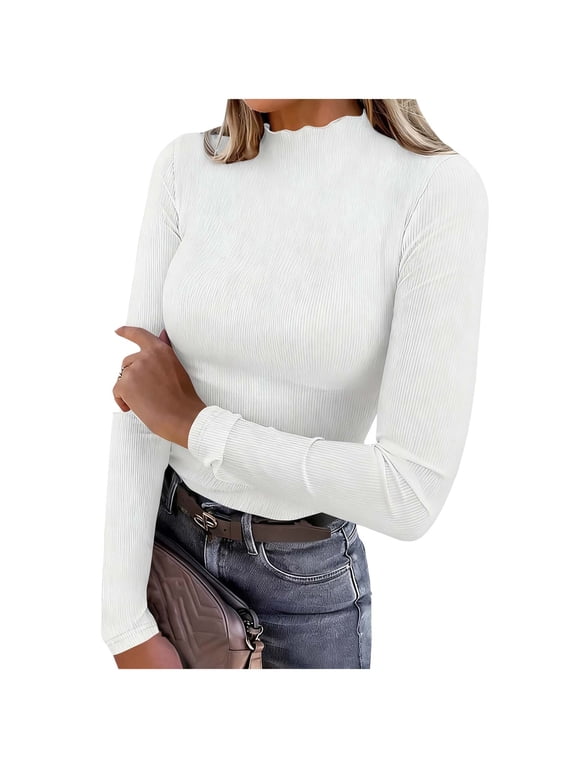 Women's Turtleneck Knit Fitted Shirts Long Sleeve Ribbed Lettuce Trim Mock Neck Slim Fit Tops Soft Base Layer for Office and Daily Wear, White