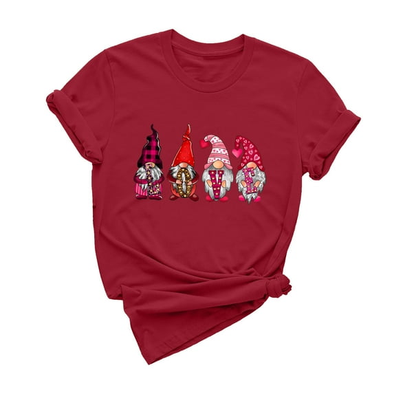 Virmaxy Women's Valentines Day Short Sleeve Shirt Funny Gnomes Graphic Tops Shirt Casual Fashion Soild Short Sleeve Tunic Tops Spring Summer Trendy Comfy Pullover Shirt Burgundy XL