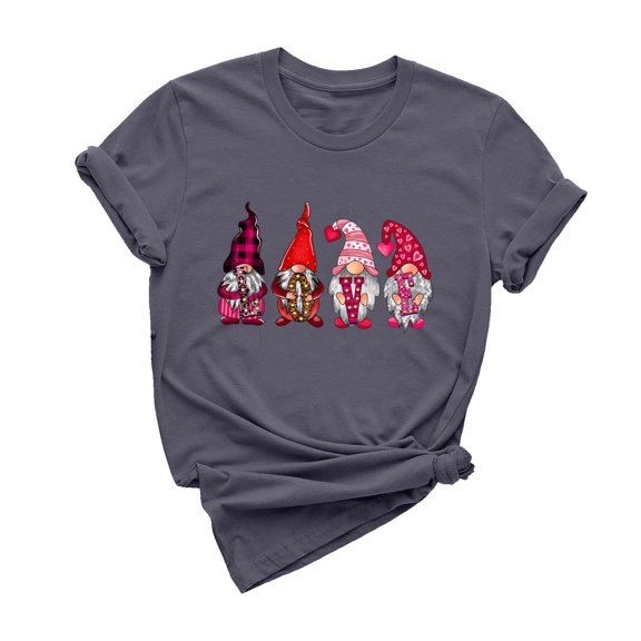Virmaxy Women's Valentines Day Short Sleeve Shirt Funny Gnomes Graphic Tops Shirt Casual Fashion Soild Short Sleeve Tunic Tops Spring Summer Trendy Comfy Pullover Shirt Dark Gray XS
