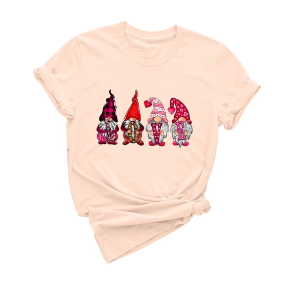 Virmaxy Women's Valentines Day Short Sleeve Shirt Funny Gnomes Graphic Tops Shirt Casual Fashion Soild Short Sleeve Tunic Tops Spring Summer Trendy Comfy Pullover Shirt Beige S
