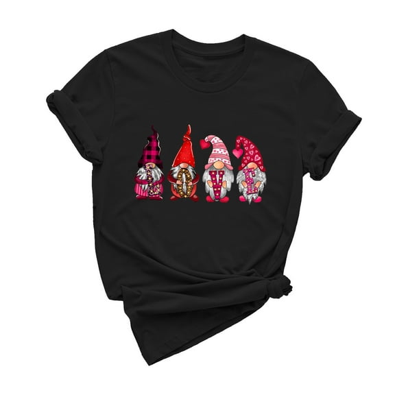 Virmaxy Women's Valentines Day Short Sleeve Shirt Funny Gnomes Graphic Tops Shirt Casual Fashion Soild Short Sleeve Tunic Tops Spring Summer Trendy Comfy Pullover Shirt Black XS