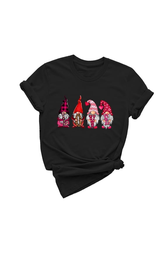 Women's Valentines Day Short Sleeve Shirt Funny Gnomes Graphic Tops Shirt Casual Fashion Soild Short Sleeve Tunic Tops Spring Summer Trendy Comfy Pullover Shirt Black XS
