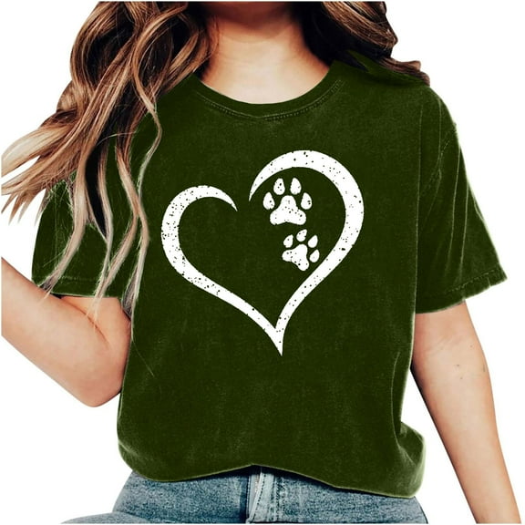 Virmaxy Women's Valentines Day Short Sleeve Shirt Girls Short Sleeve WorkOut Blouse Tops Valentine's Day Gift Shirt Dogs Paw Heart Print T-Shirt Tops Olive Green 2XL