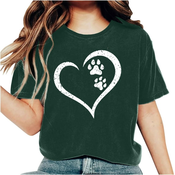 Virmaxy Women's Valentines Day Short Sleeve Shirt Girls Short Sleeve WorkOut Blouse Tops Valentine's Day Gift Shirt Dogs Paw Heart Print T-Shirt Tops Dark Blue L