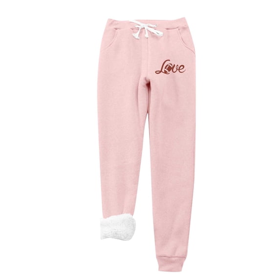 Virmaxy Women's Warm Sherpa Lined Athletic Sweatpants Valentine's Day Fleece Joggers Pants Love Letter Rugby Printing Pants Winter Lounge Yoga Workout Running Pants with Pocket Pink L