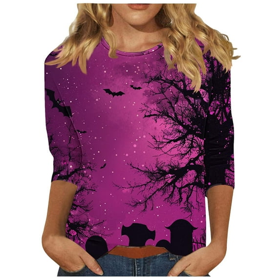 Virmaxy Womens 2024 3/4 Sleeve Halloween Printed Crew Neck Top Fashionable 3/4 Sleeve Halloween Printed Round Neck Pullover Top Purple-2 L