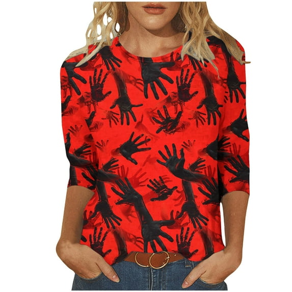 Virmaxy Womens 2024 Halloween Casual Letter Printed Round Neck 7/4 Sleeve T-Shirt Top Fashion Casual Color Letters Printing Round Neck 3/4 Sleeve T-shirt Tops Blouse Multicolor-23 XL