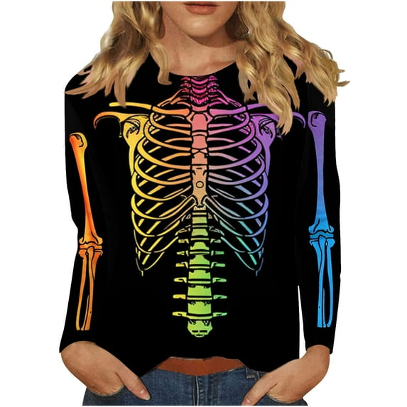 Virmaxy Womens 2024 Halloween Casual Skull and Bones Printed Round Neck Long Sleeve Top Long Sleeve Round Neck Top/Shirt Black-1 L