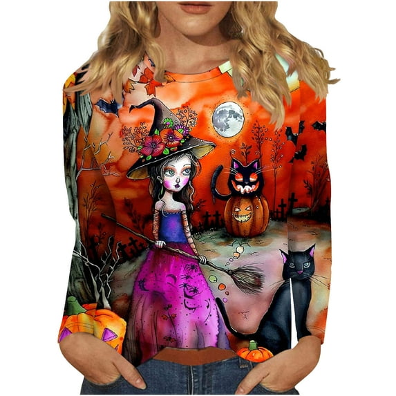 Virmaxy Womens 2024 Halloween Casual Wound Bleed Printed Round Neck Long Sleeve Top Long Sleeve Round Neck Top/Shirt Orange-1 L