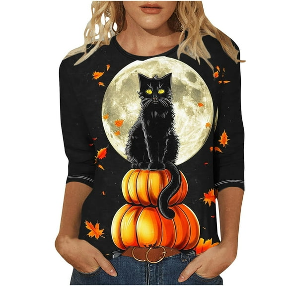 Virmaxy Womens 2024 Halloween Irregular Printed Round Neck Sleeve 3/4 Sleeve T-Shirt Tops Seven Sleeve Crew Neck Tops/Shirts Black-1 M