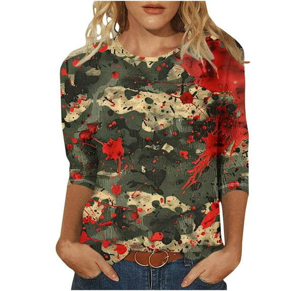Virmaxy Womens 2024 Halloween Irregular Printed Round Neck Sleeve 3/4 Sleeve T-Shirt Tops Seven Sleeve Crew Neck Tops/Shirts Camouflage-1 XXL